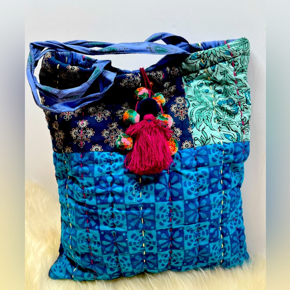 Quilted Kantha MarketBag/Tote From India Vibrant Blues Quilted Remnants Cotton